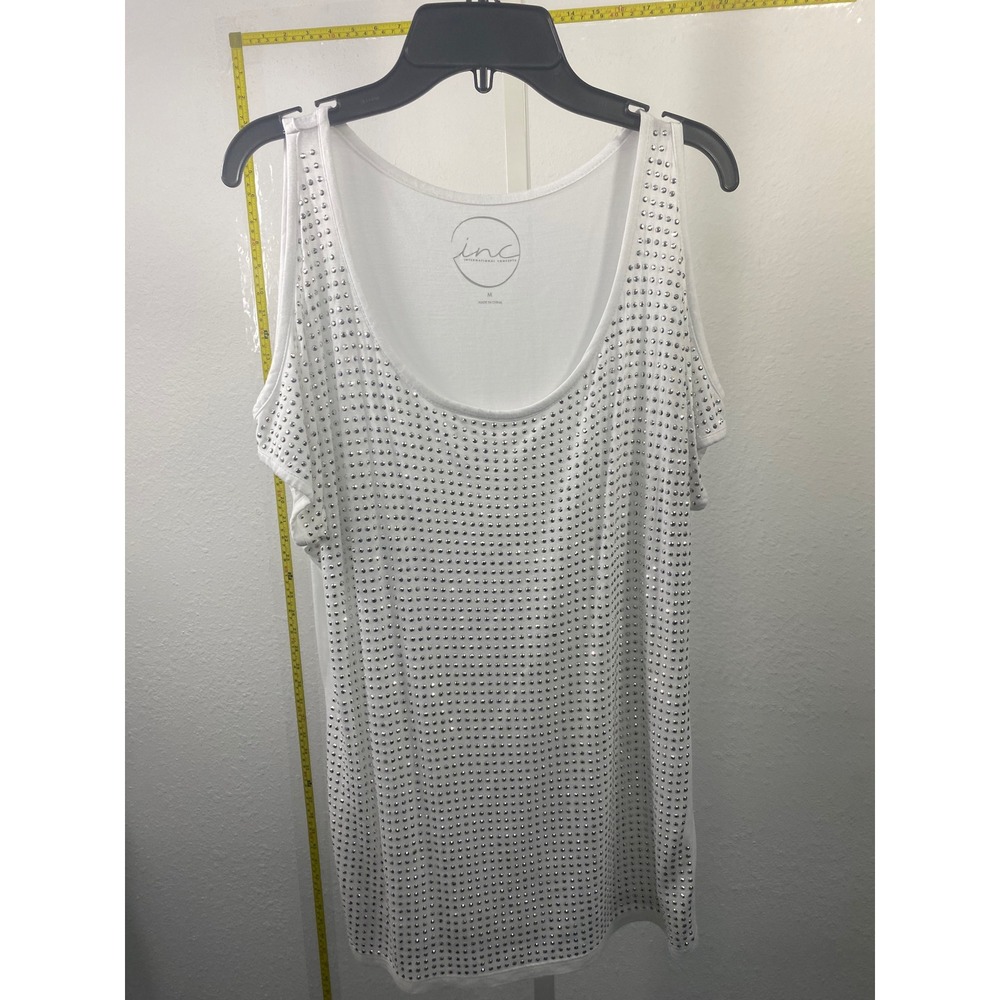 INC International Concepts White Rhinestone Studded Cold‎ Shoulder Top Medium